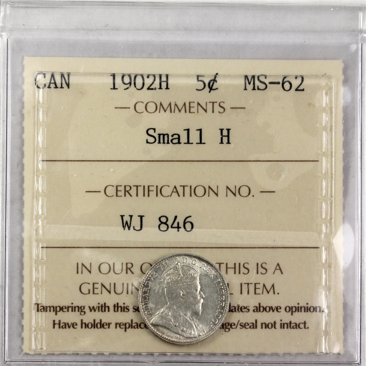1902H Small H Canada 5-cents ICCS Certified MS62 (WJ 846)