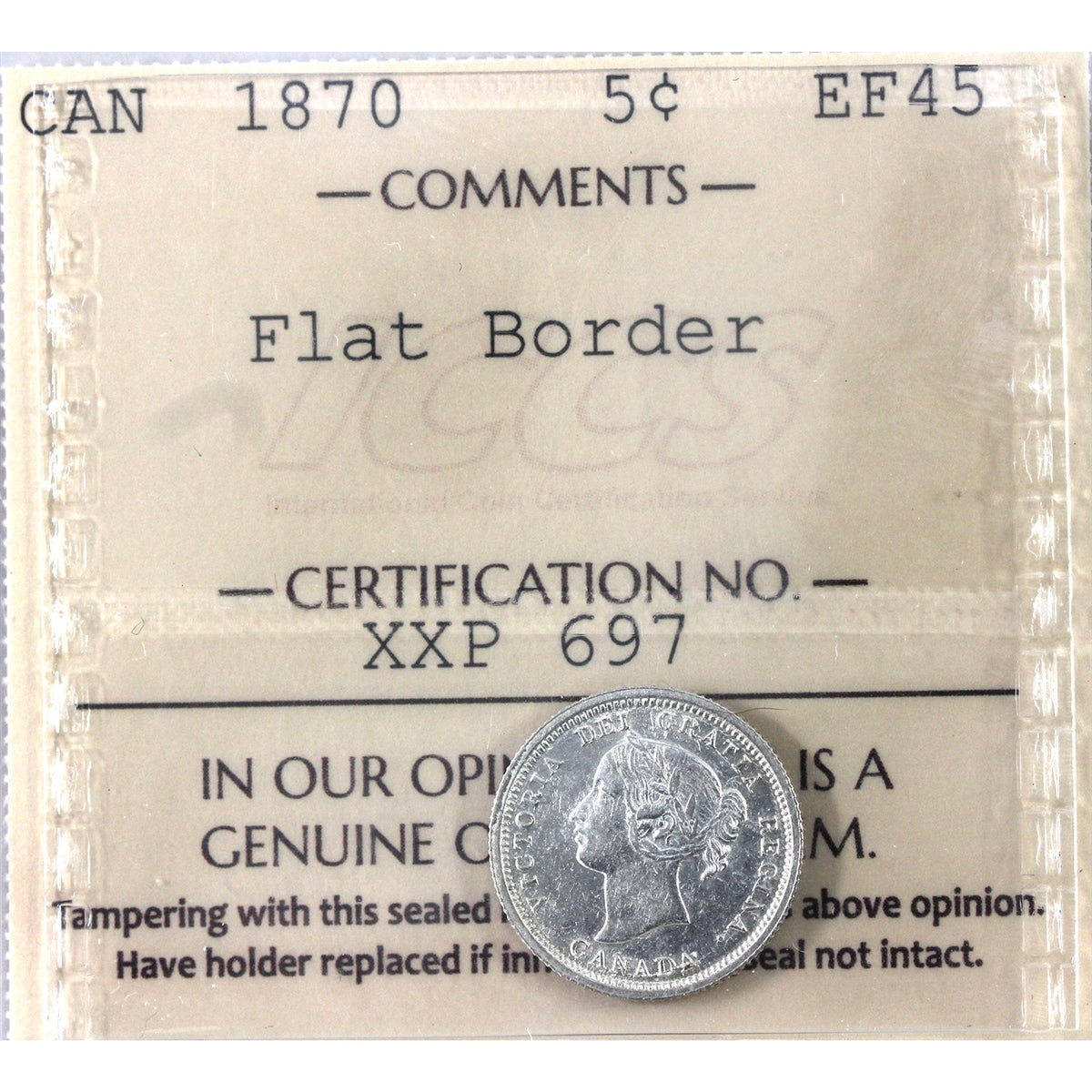 1870 Flat Border Canada 5-cents ICCS Certified EF45