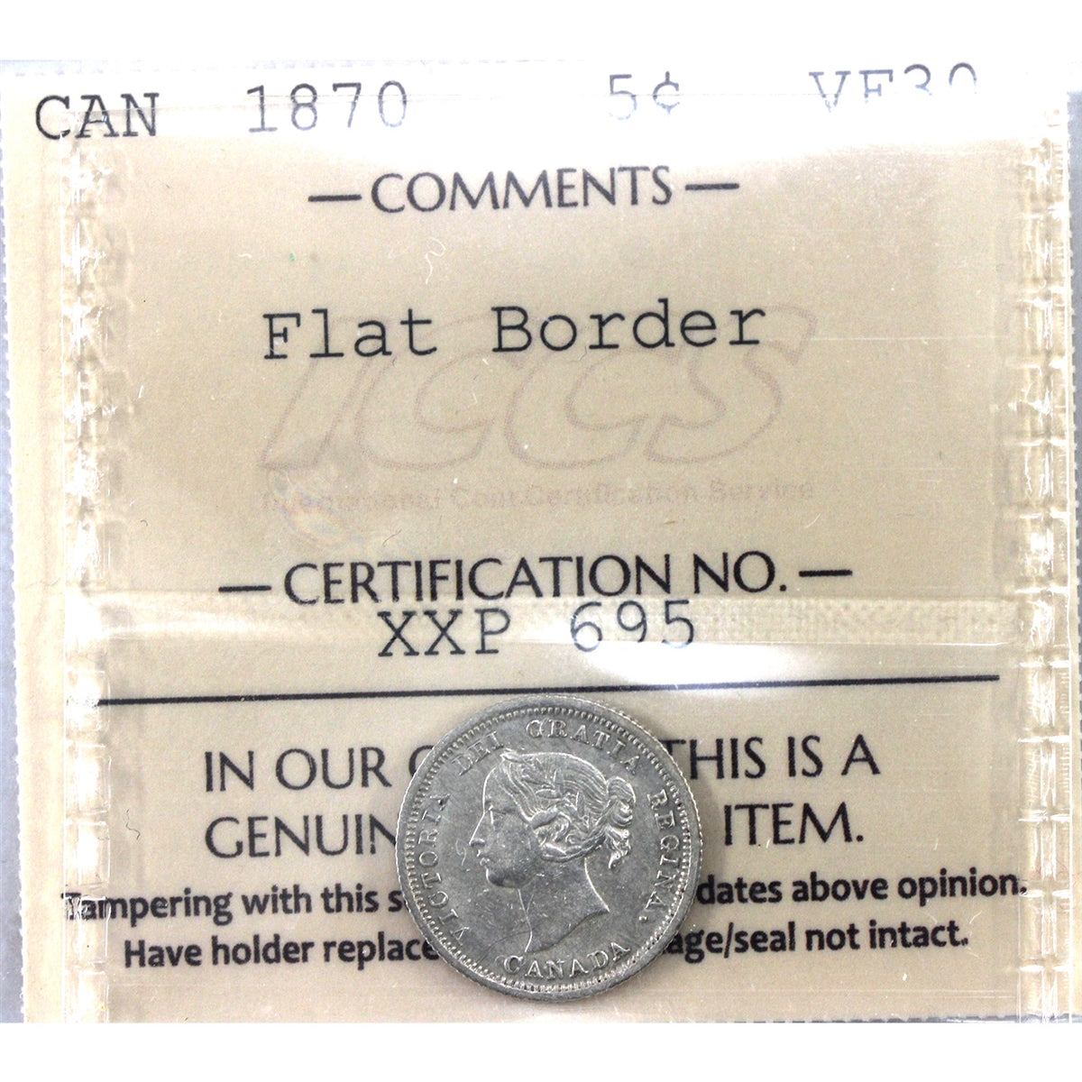 1870 Flat Border Canada 5-cents ICCS Certified VF30