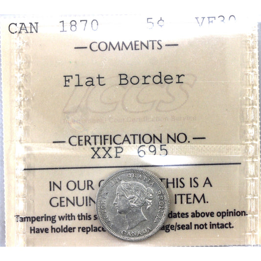1870 Flat Border Canada 5-cents ICCS Certified VF30