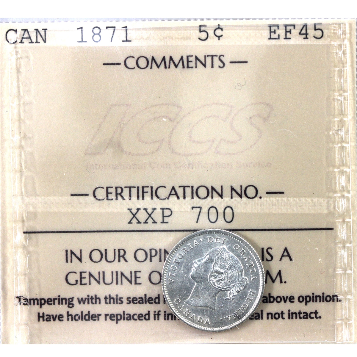 1871 Canada 5-cents ICCS Certified EF45
