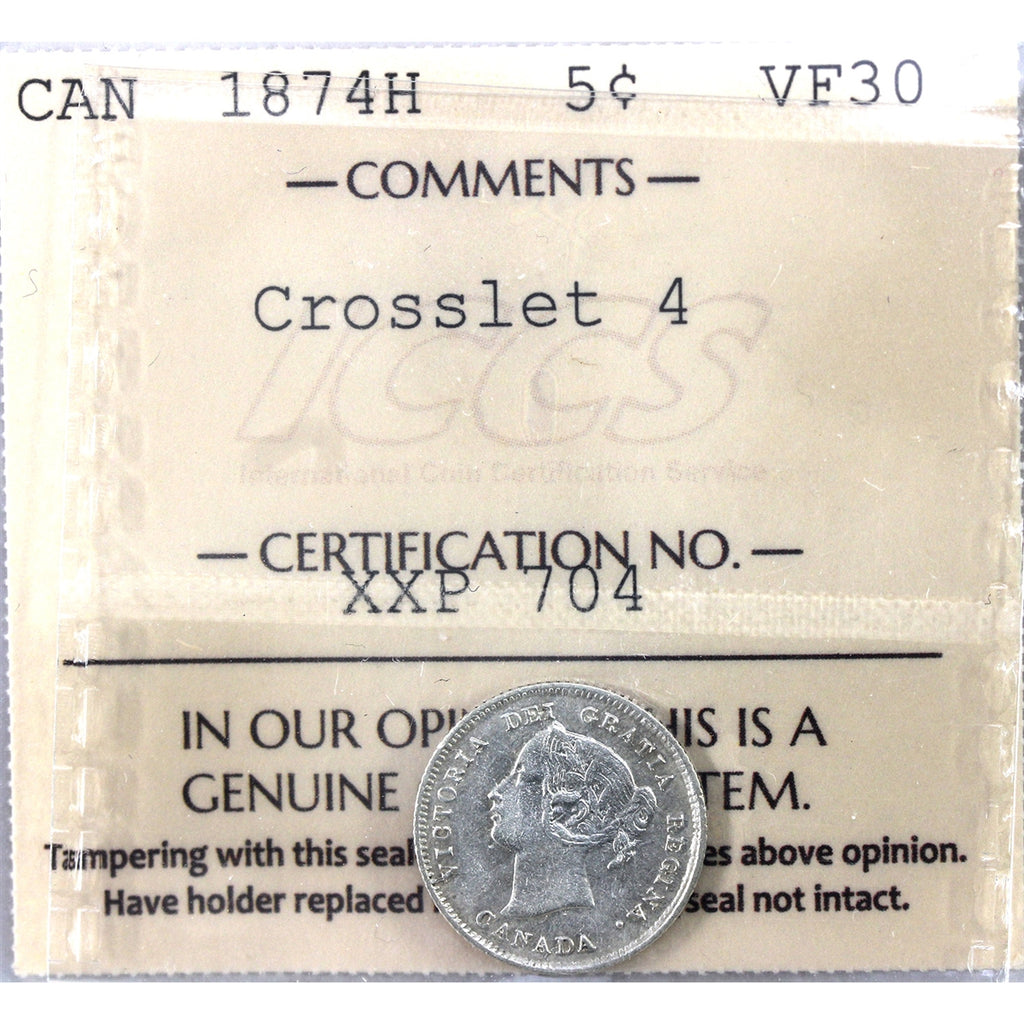 1874H Crosslet 4 Canada 5-cents ICCS Certified VF30