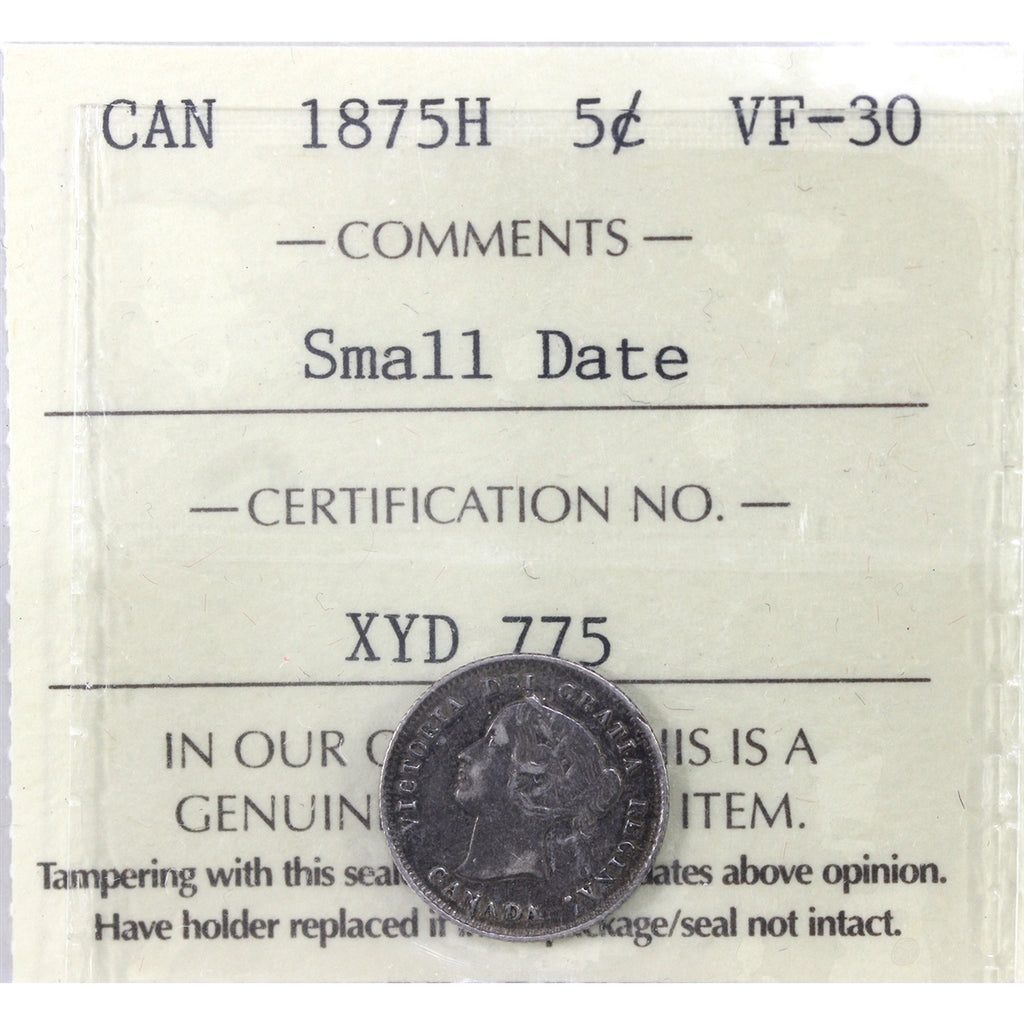 1875H Small Date Canada 5-cents ICCS Certified VF30 (XYD 775)
