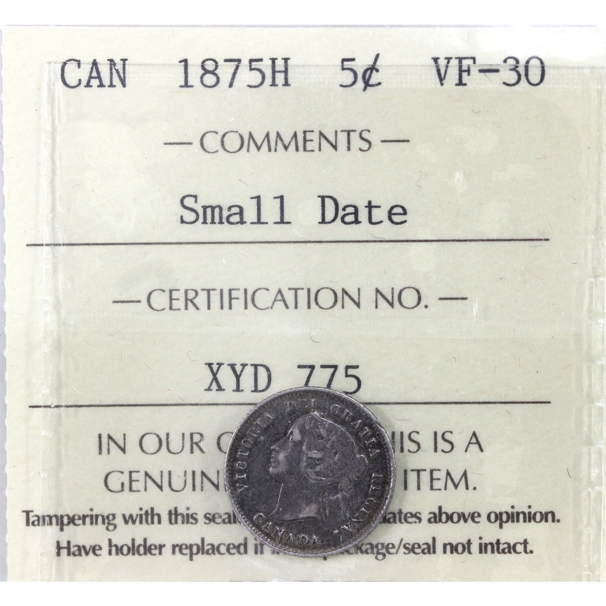 1875H Small Date Canada 5-cents ICCS Certified VF30 (XYD 775)