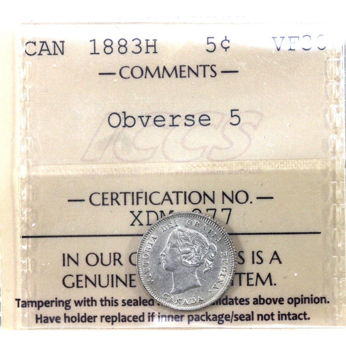1883H Obverse 5 Canada 5-cents ICCS Certified VF30