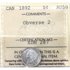 1892 Obverse 2 Canada 5-cents ICCS Certified AU50