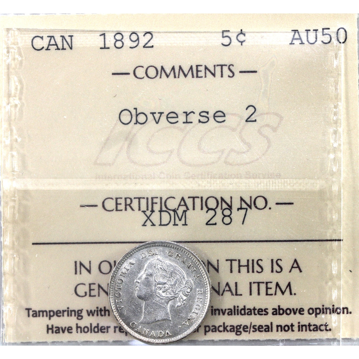 1892 Obverse 2 Canada 5-cents ICCS Certified AU50