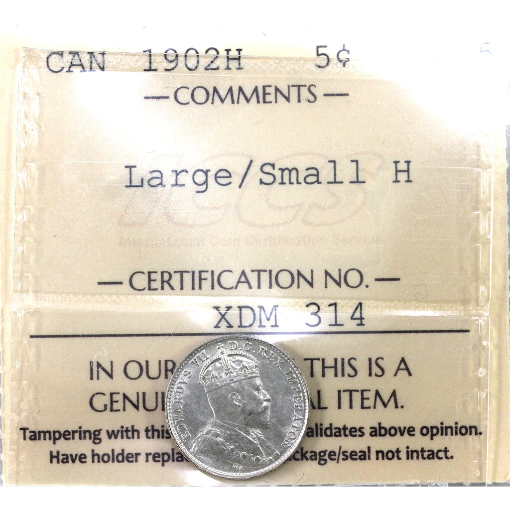 1902H Large/Small H Canada 5-cents ICCS Certified AU55