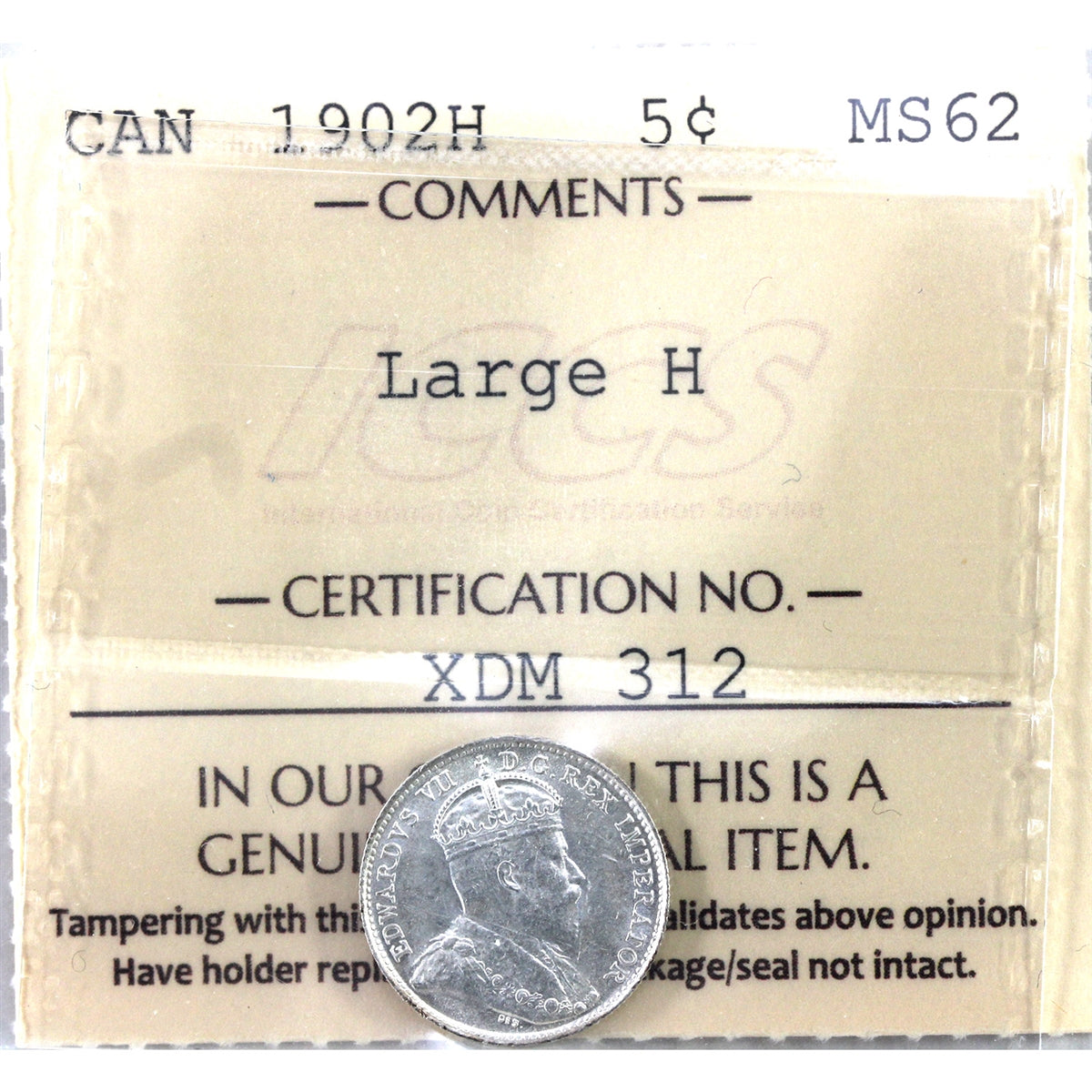 1902H Large H Canada 5-cents ICCS Certified MS62