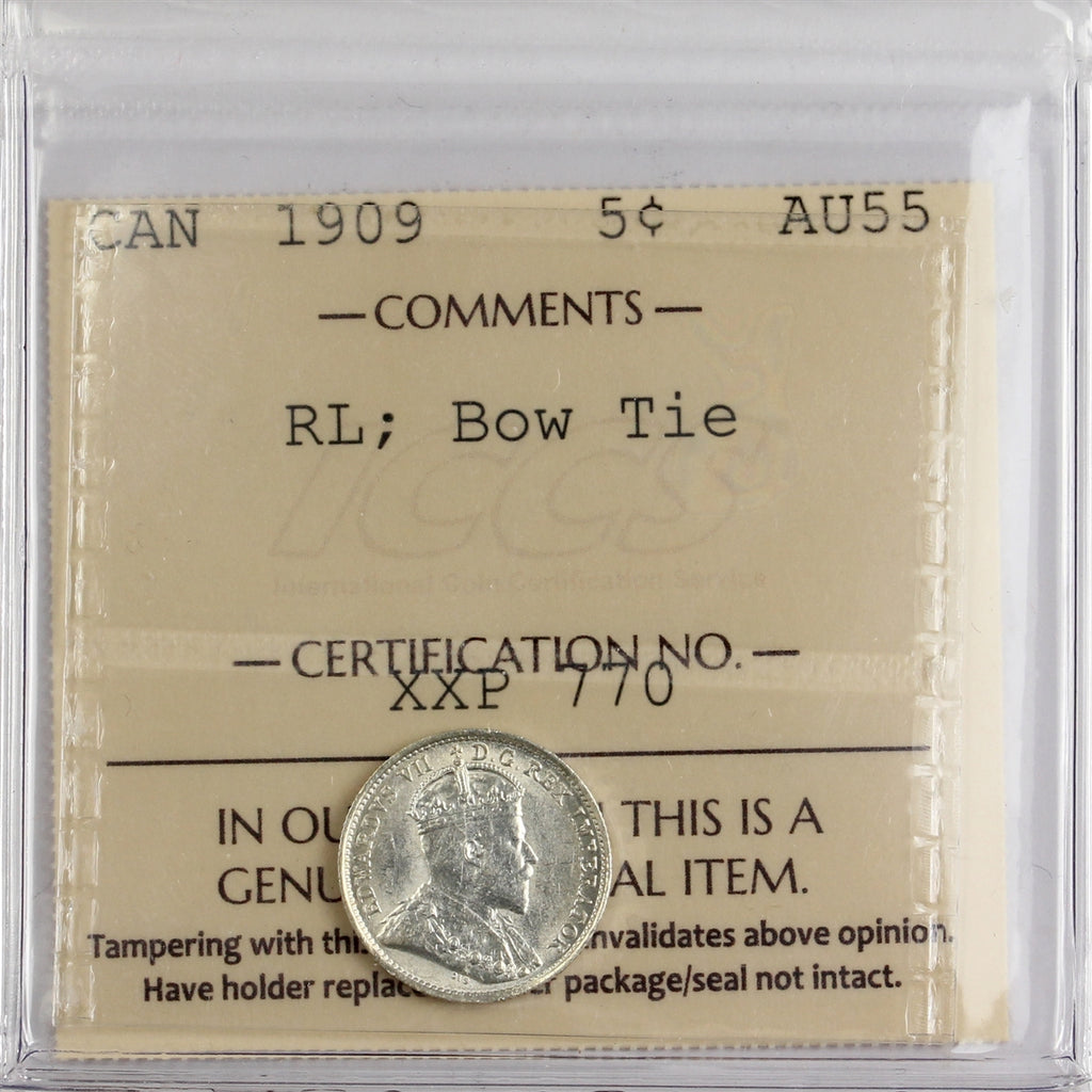 1909 Round Leaves; Bow Tie Canada 5-cents ICCS Certified AU55 (XXP 770)