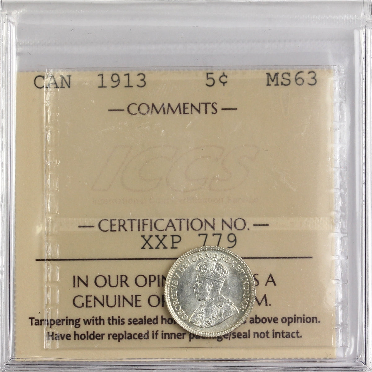 1913 Canada 5-cents ICCS Certified MS63