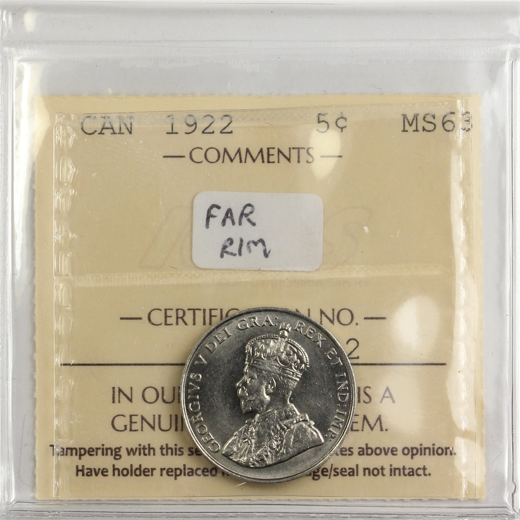 1922 Far Rim Canada 5-cents ICCS Certified MS63 (XEZ 792)