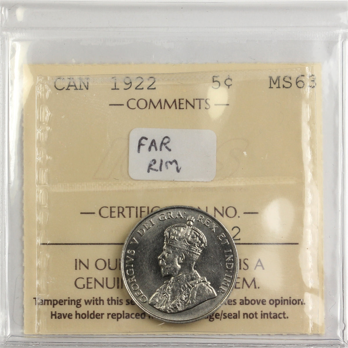 1922 Far Rim Canada 5-cents ICCS Certified MS63 (XEZ 792)