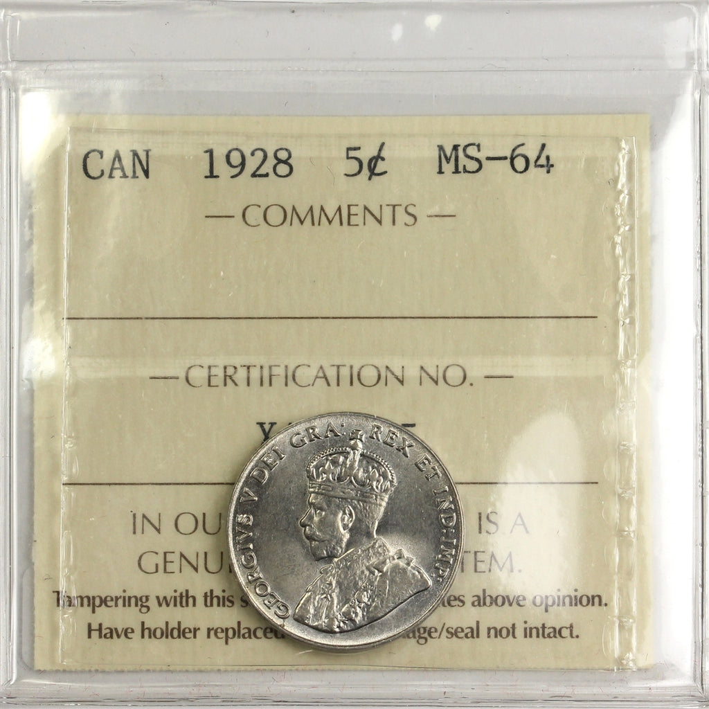 1928 Canada 5-cents ICCS Certified MS64 (XAL 475)