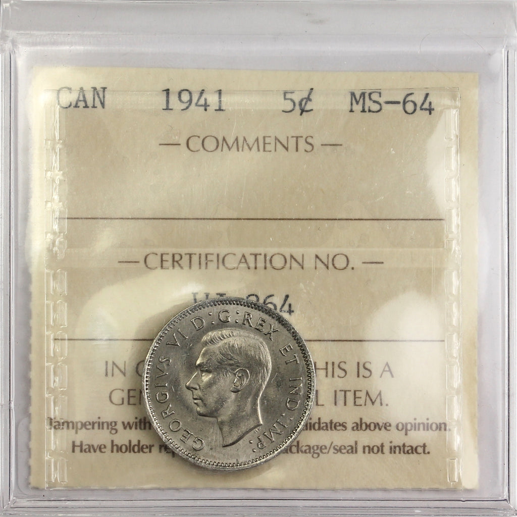 1941 Canada 5-cents ICCS Certified MS64 (WJ 864)