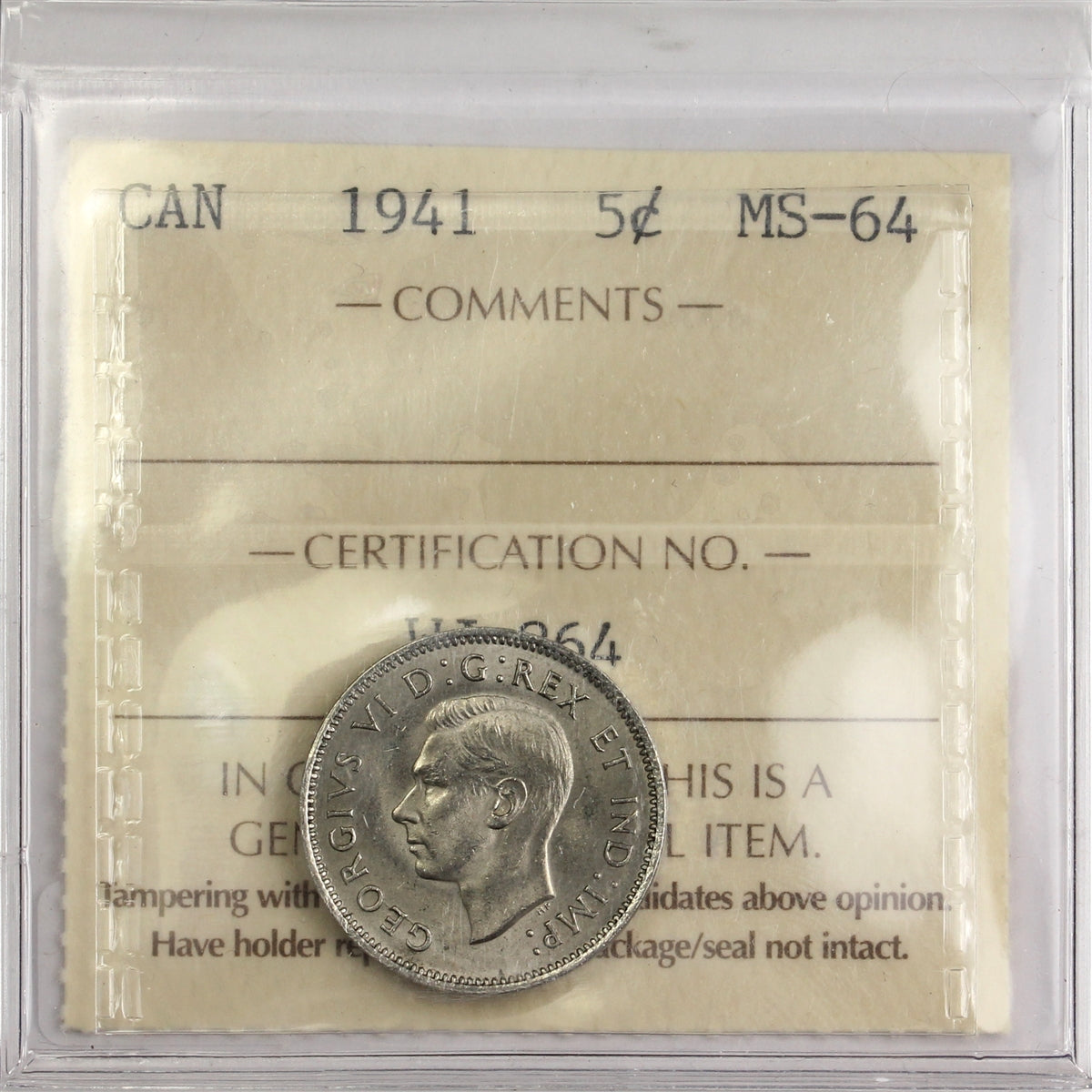 1941 Canada 5-cents ICCS Certified MS64 (WJ 864)