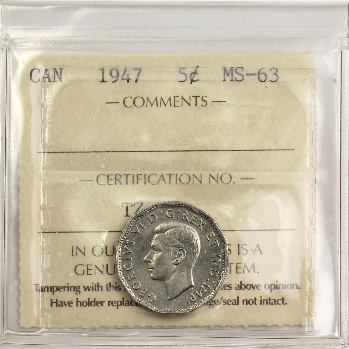 1947 Canada 5-cents ICCS Certified MS63