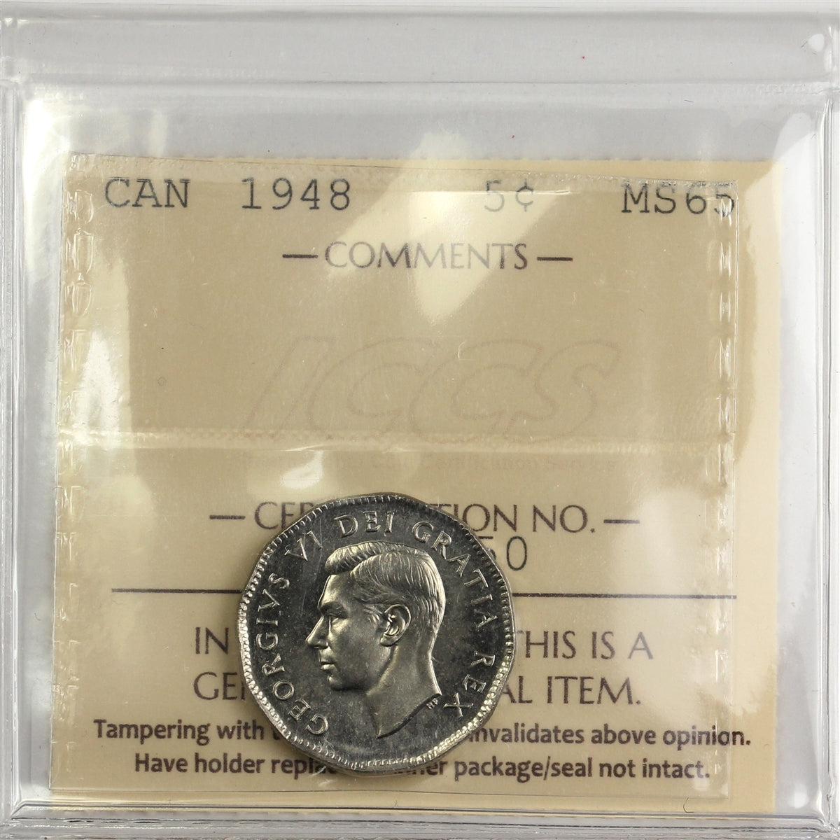 1948 Canada 5-cents ICCS Certified MS65 (XZH 750)