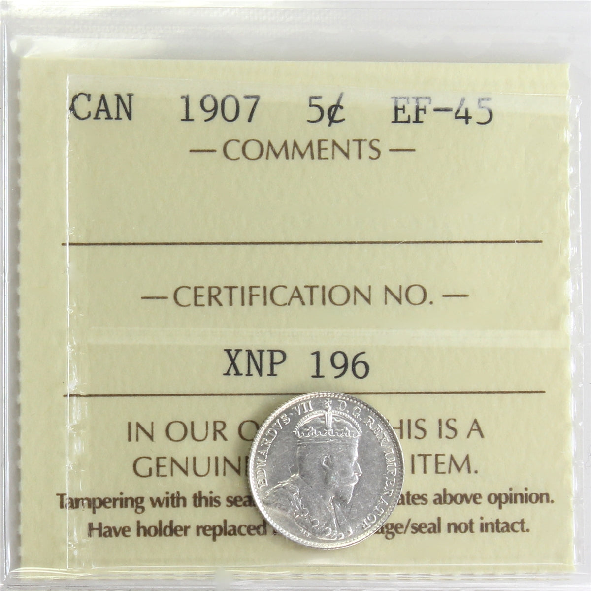 1907 Canada 5-cents ICCS Certified EF45