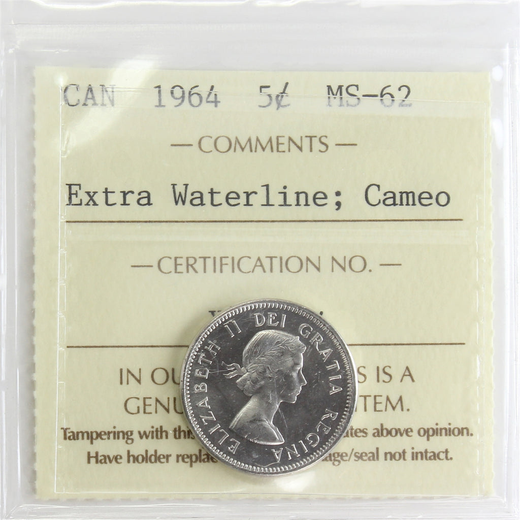1964 Extra Waterline Canada 5-cents ICCS Certified MS62 Cameo