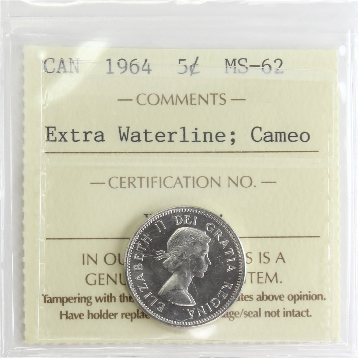 1964 Extra Waterline Canada 5-cents ICCS Certified MS62 Cameo