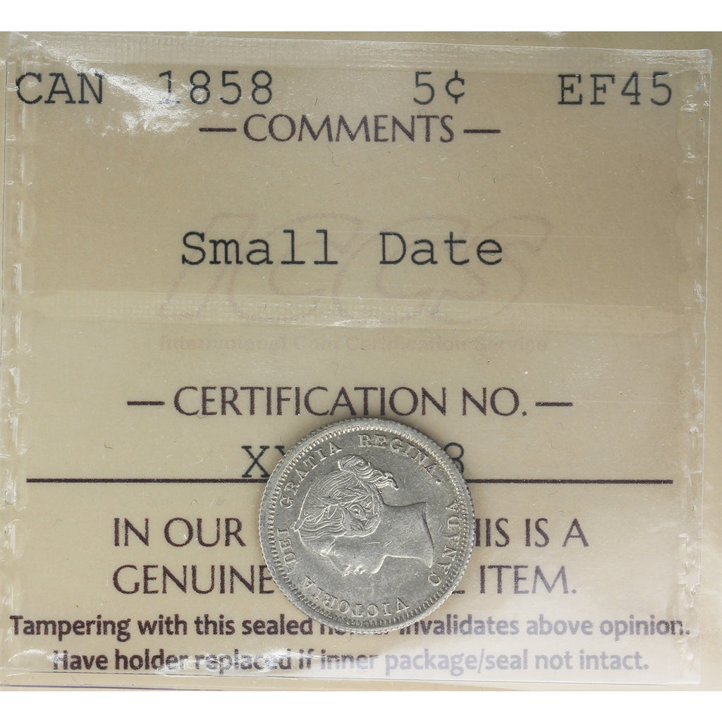 1858 Small Date Canada 5-cents ICCS Certified EF45