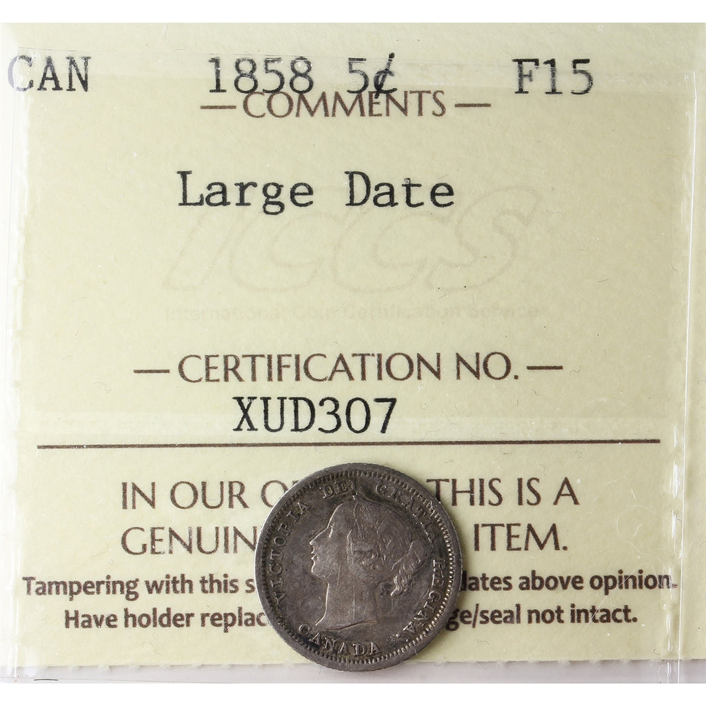 1858 Large Date Canada 5-cents ICCS Certified F15
