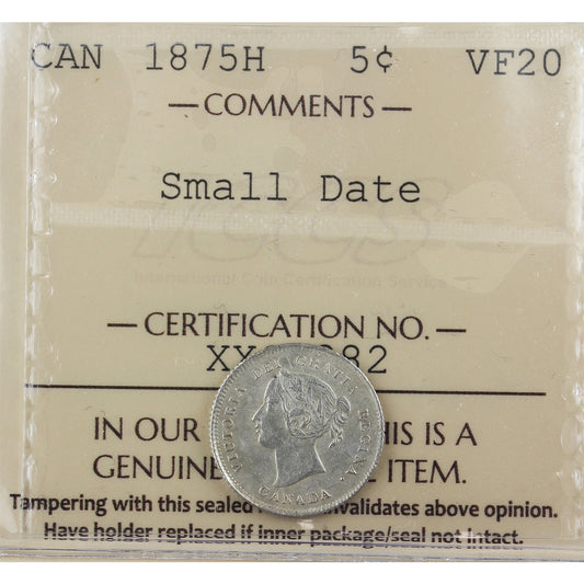 1875H Small Date Canada 5-cents ICCS Certified VF20
