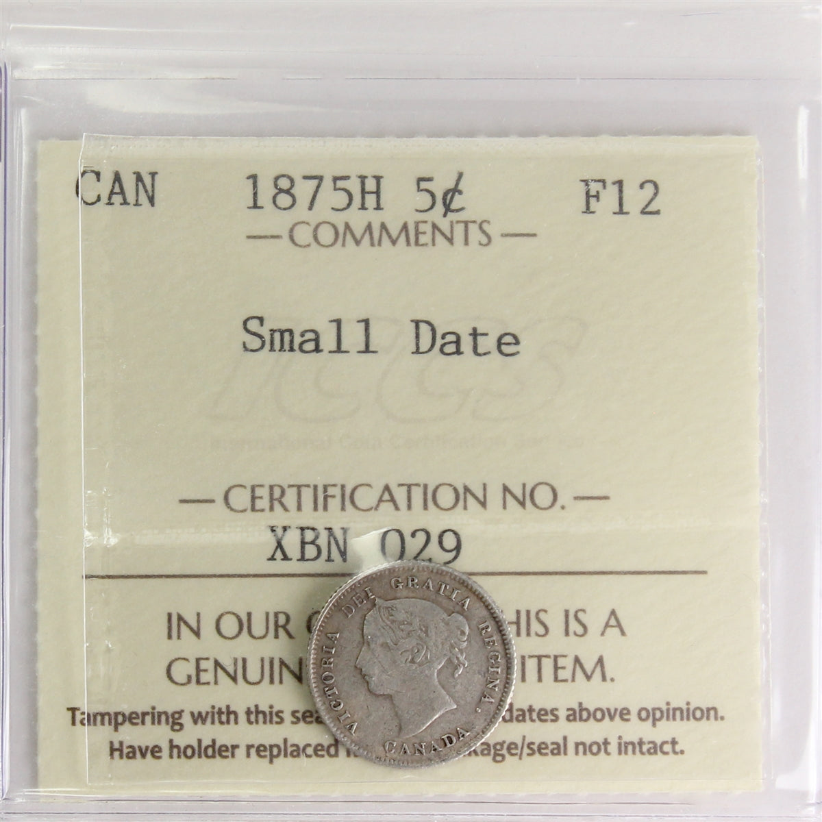1875H Small Date Canada 5-cents ICCS Certified F12