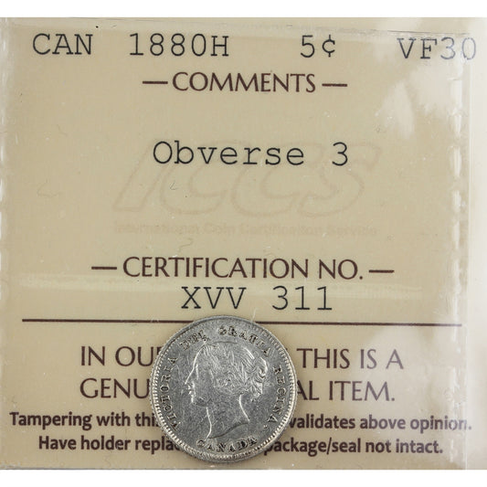 1880H Obv. 3 Canada 5-cents ICCS Certified VF30
