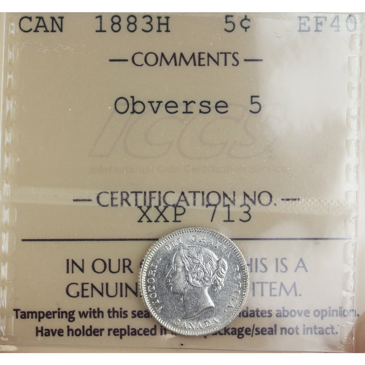 1883H Obv. 5 Canada 5-cents ICCS Certified EF40