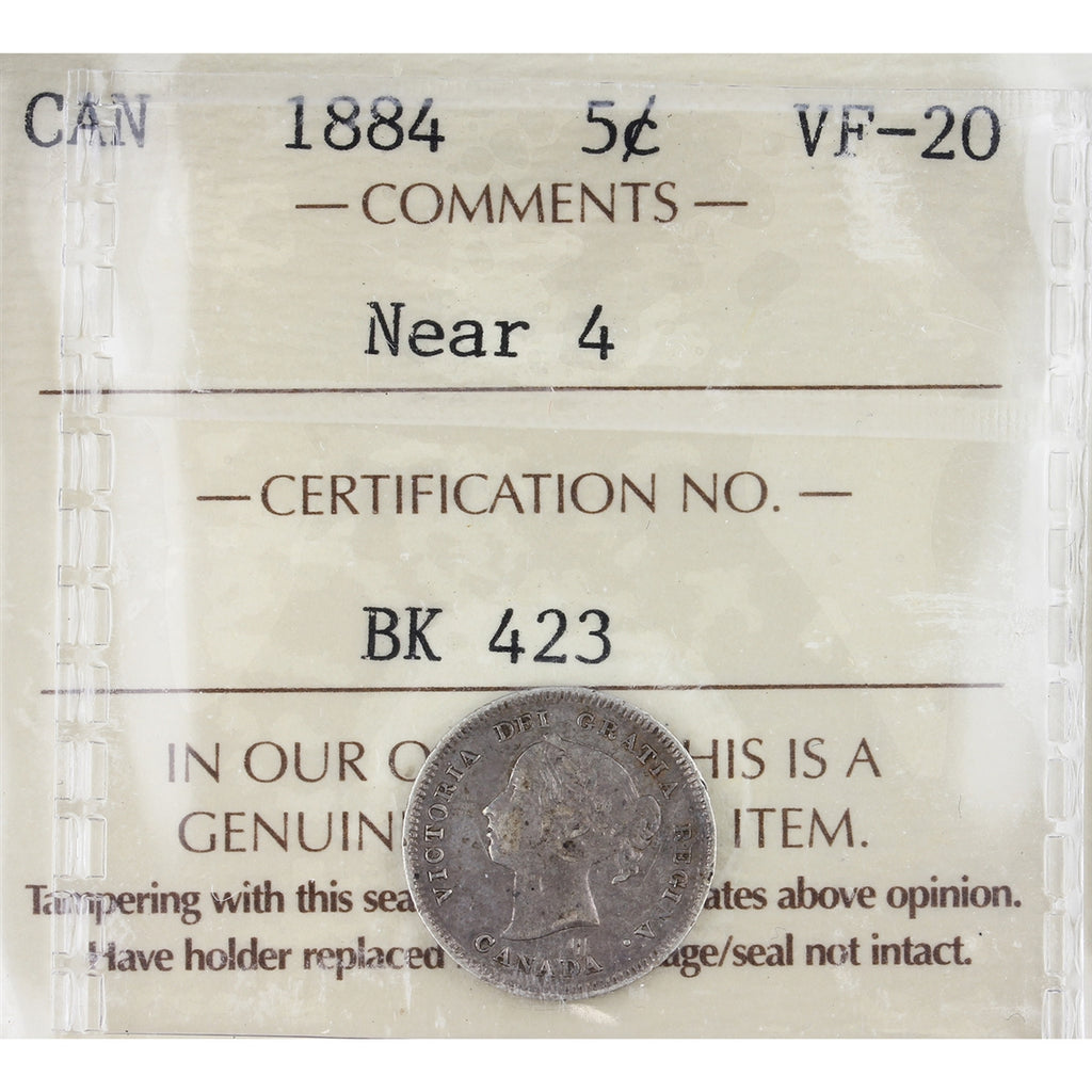 1884 Near 4 Canada 5-cents ICCS Certified VF20