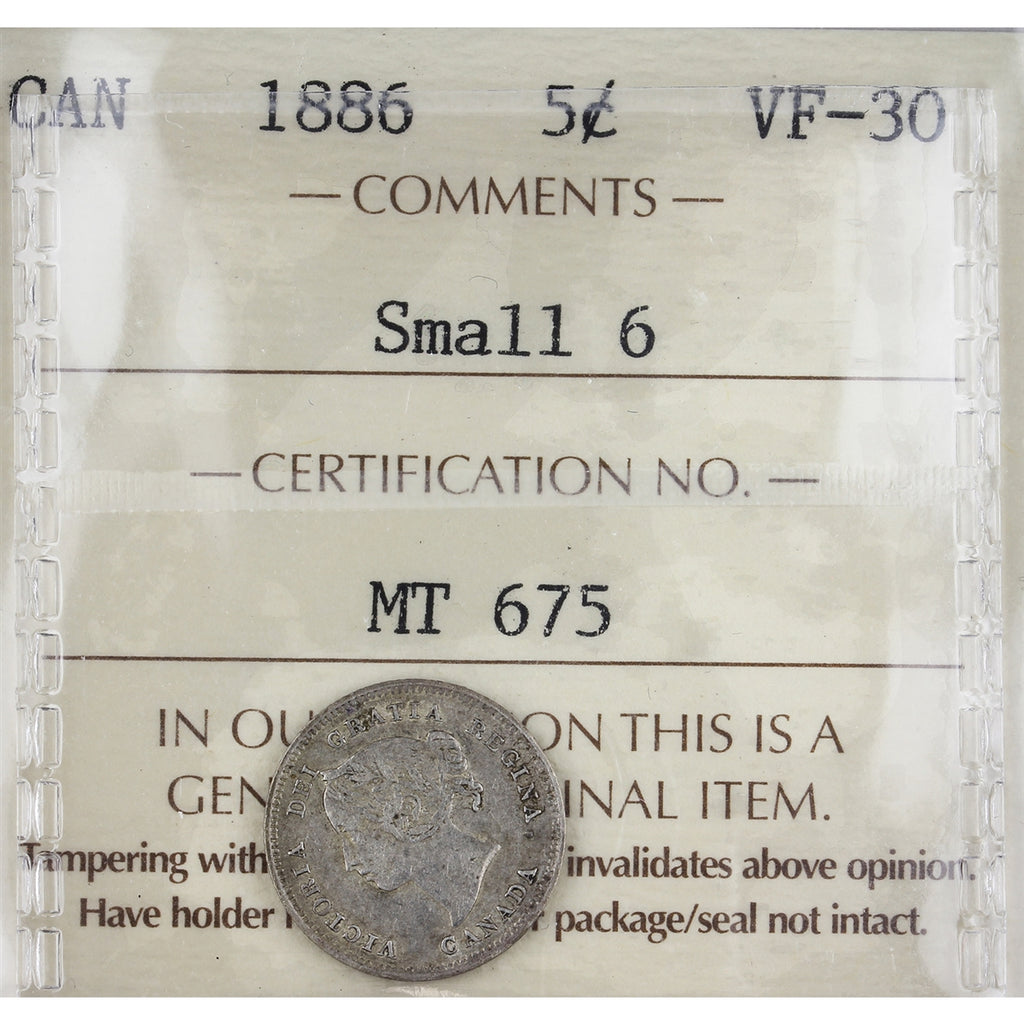 1886 Small 6 Canada 5-cents ICCS Certified VF30