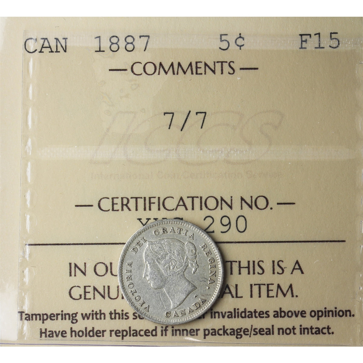1887 7/7 Canada 5-cents ICCS Certified F15