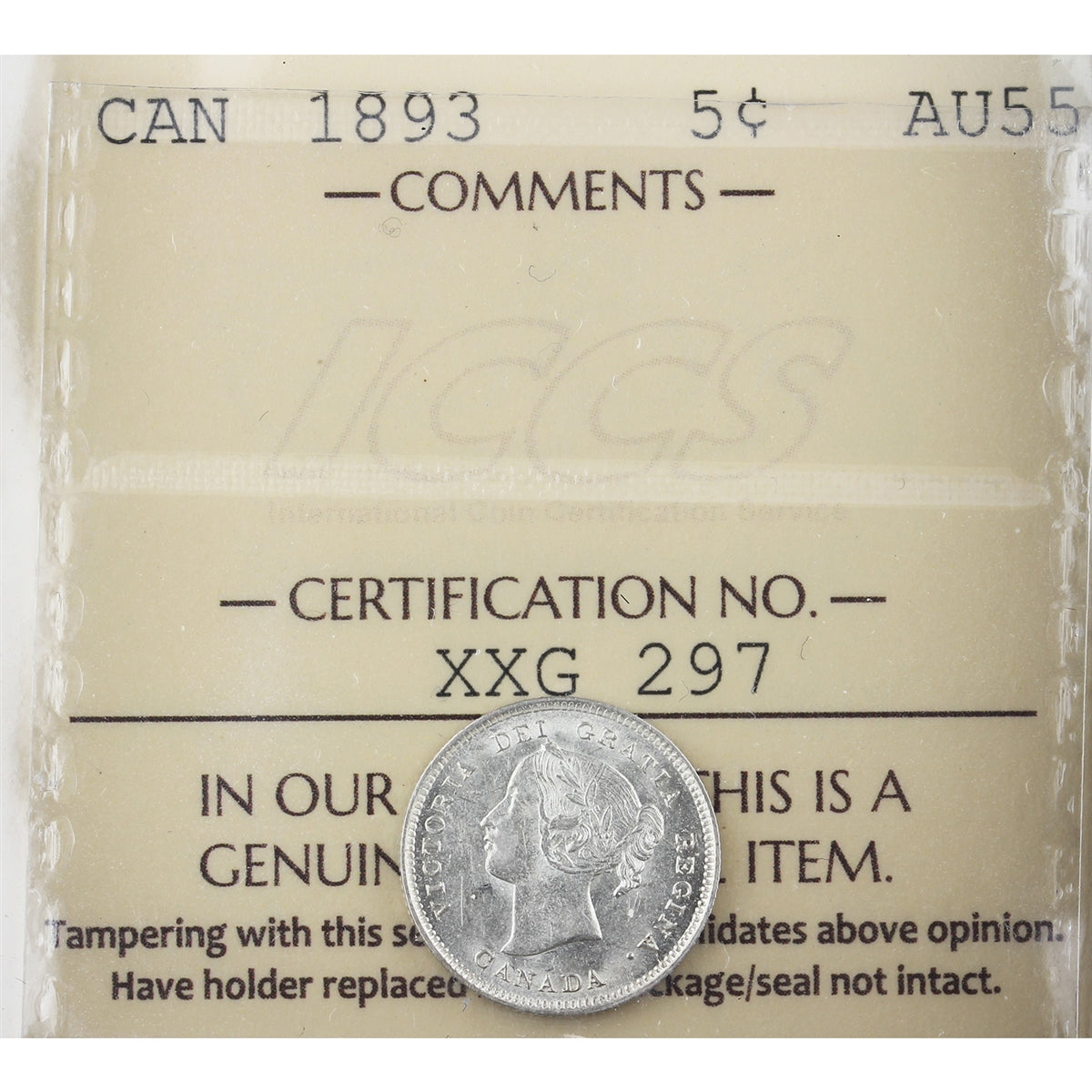 1893 Canada 5-cents ICCS Certified AU55