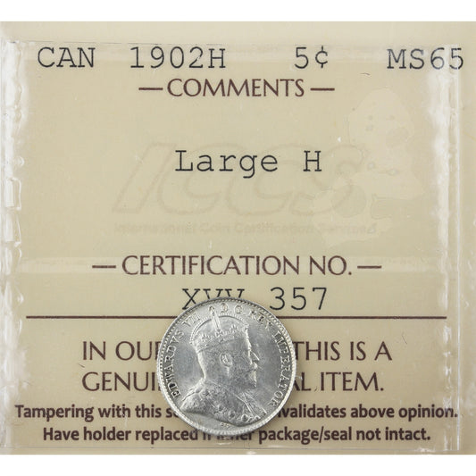 1902H Large H Canada 5-cents ICCS Certified MS-65 (XVV 357)