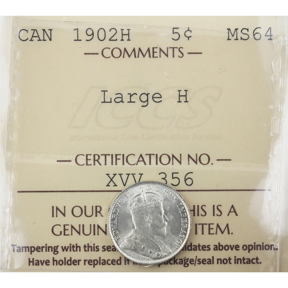 1902H Large H Canada 5-cents ICCS Certified MS64