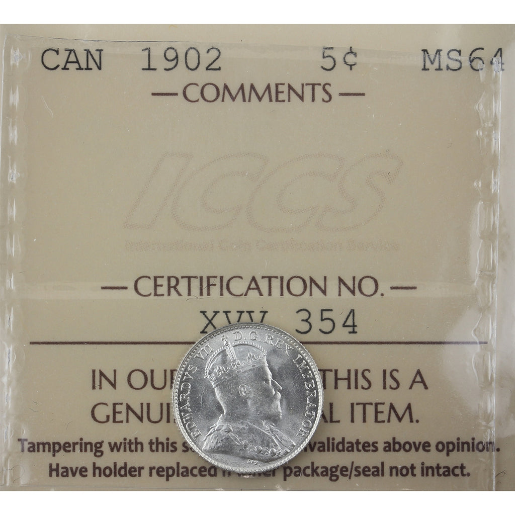 1902 Canada 5-cents ICCS Certified MS64