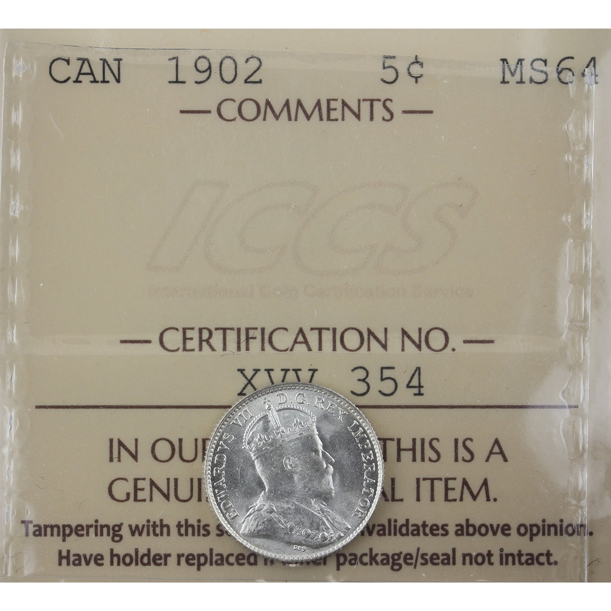 1902 Canada 5-cents ICCS Certified MS64