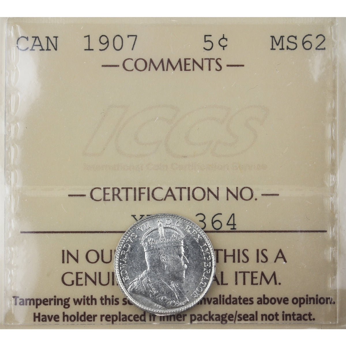1907 Canada 5-cents ICCS Certified MS62
