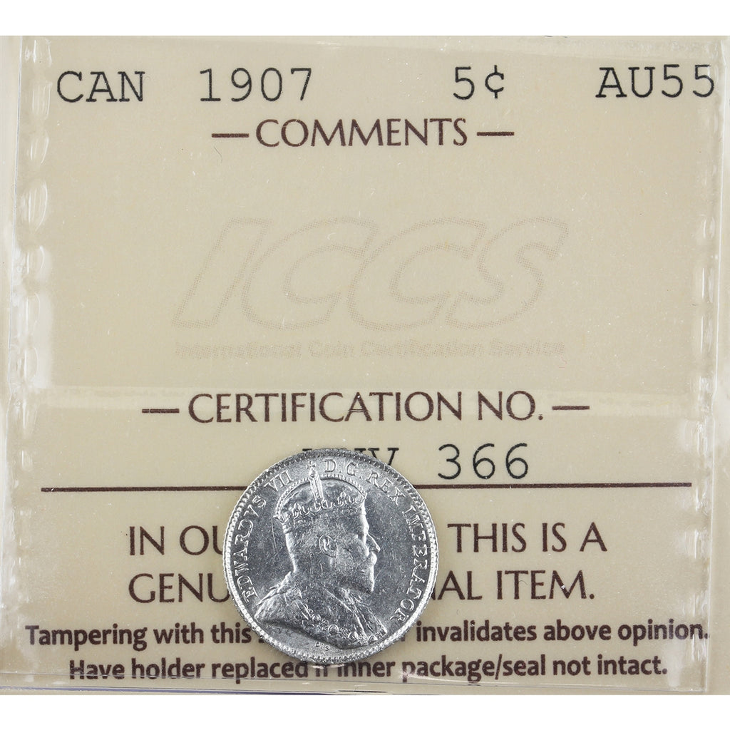 1907 Canada 5-cents ICCS Certified AU55