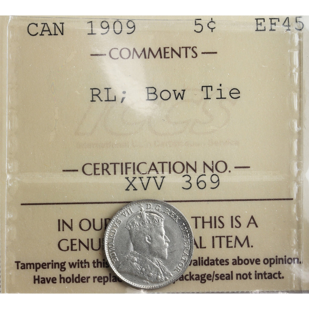 1909 RL, Bow Tie Canada 5-cents ICCS Certified EF45