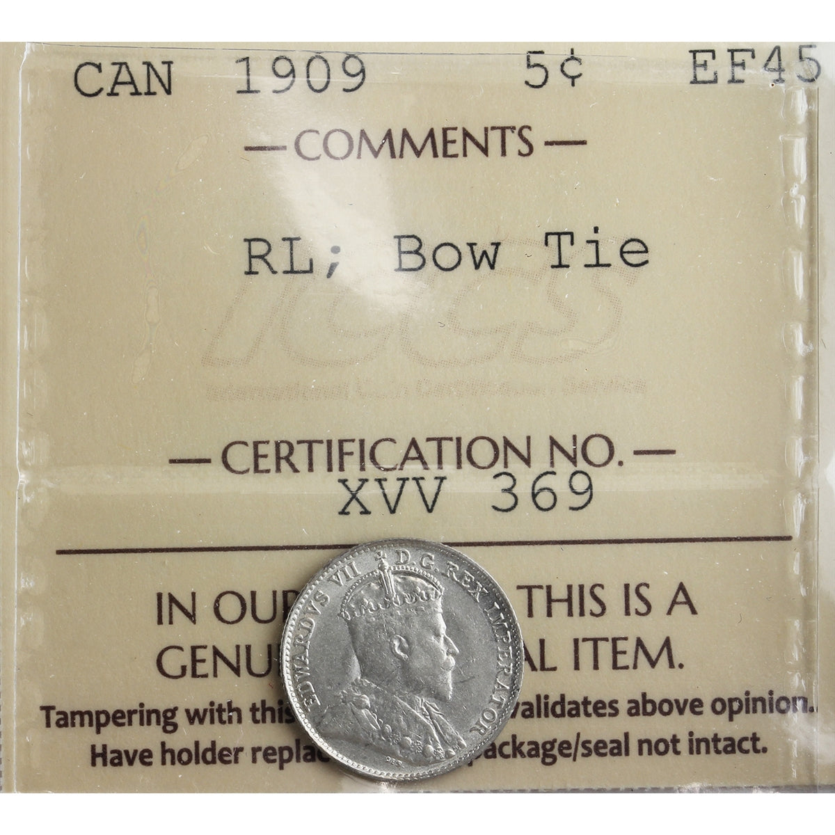 1909 RL, Bow Tie Canada 5-cents ICCS Certified EF45