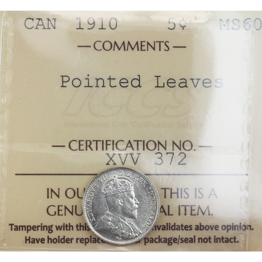 1910 Pointed Leaves Canada 5-cents ICCS Certified MS60