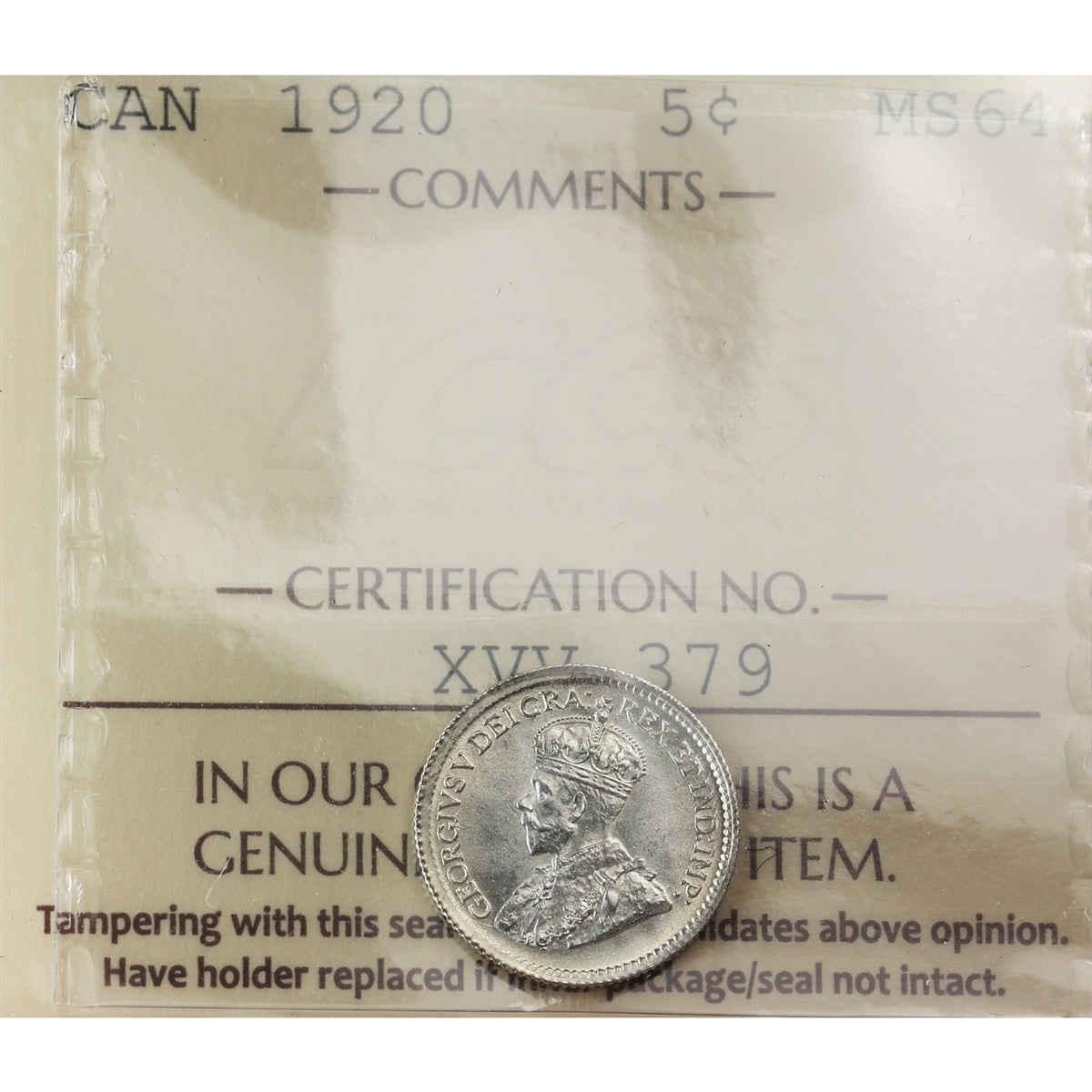 1920 Canada 5-cents ICCS Certified MS64