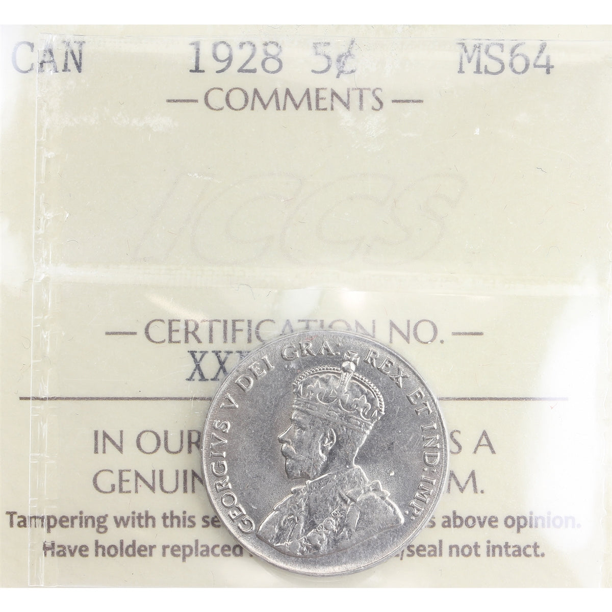 1928 Canada 5-cents ICCS Certified MS64 (XXP 872)