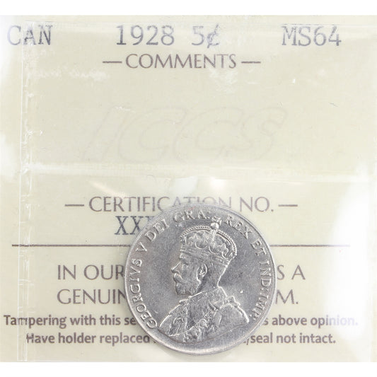 1928 Canada 5-cents ICCS Certified MS64 (XXP 872)