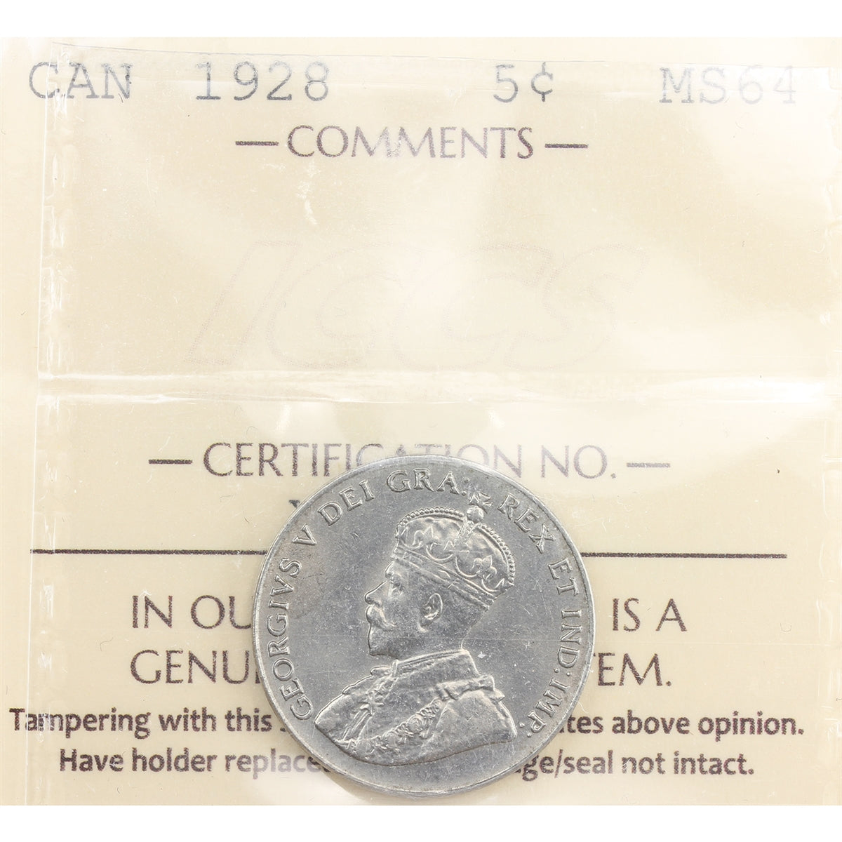 1928 Canada 5-cents ICCS Certified MS64 (XQG 971)
