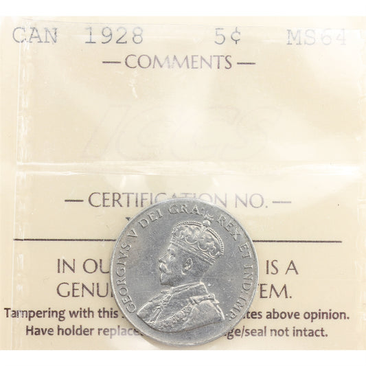 1928 Canada 5-cents ICCS Certified MS64 (XQG 971)