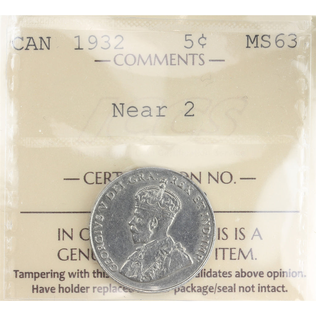 1932 Near 2 Canada 5-cents ICCS Certified MS63 (XGI 763)